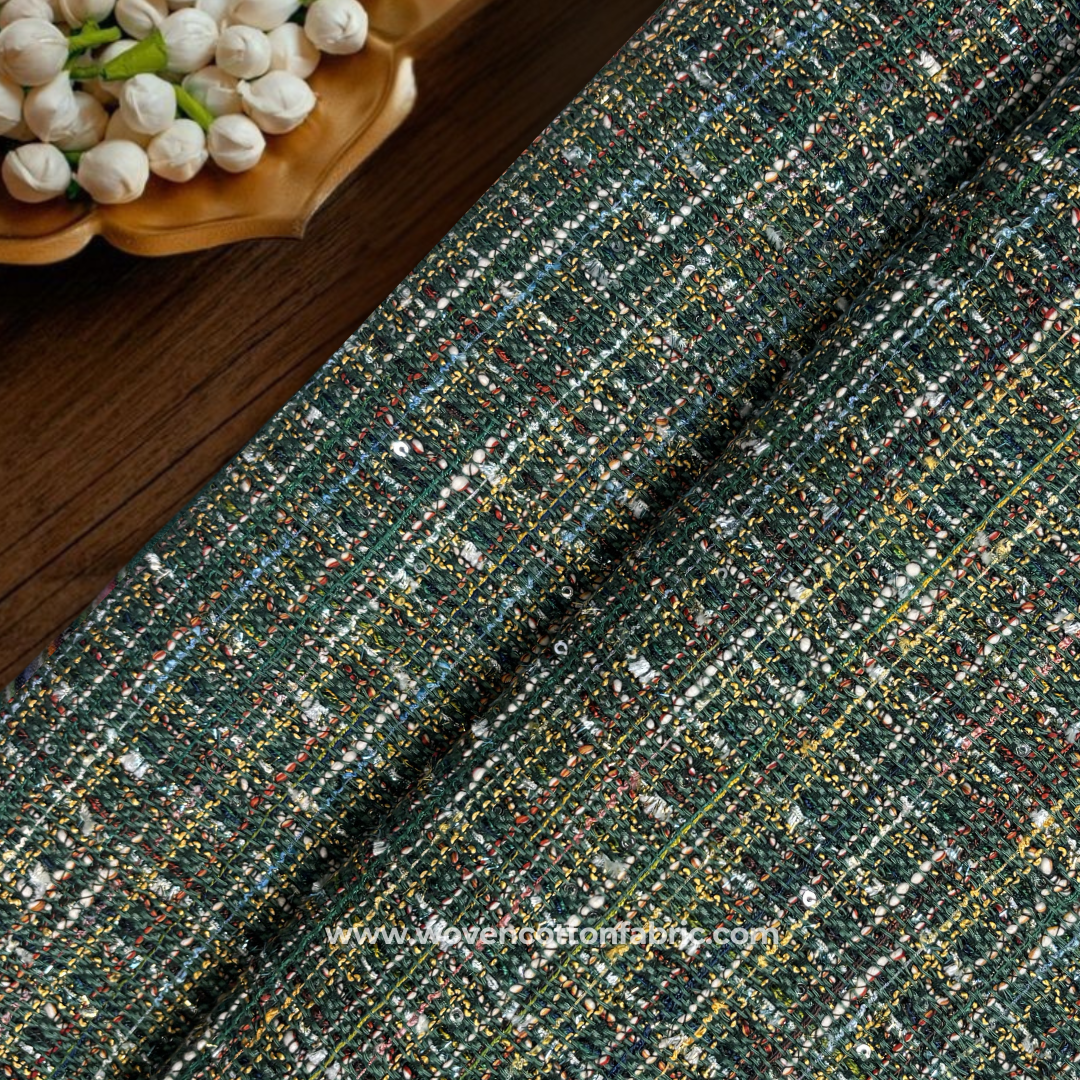 Deep Green Textured Tweed Fabric with Multi-Color Flecks Per Meter
