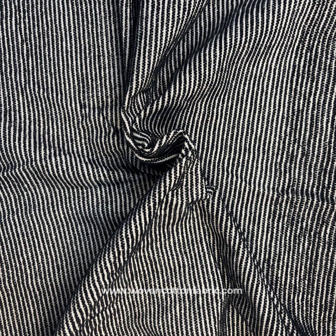 Classic Black and Off-White Micro Stripe Textured Jacquard Handloom Fabric Per Meter