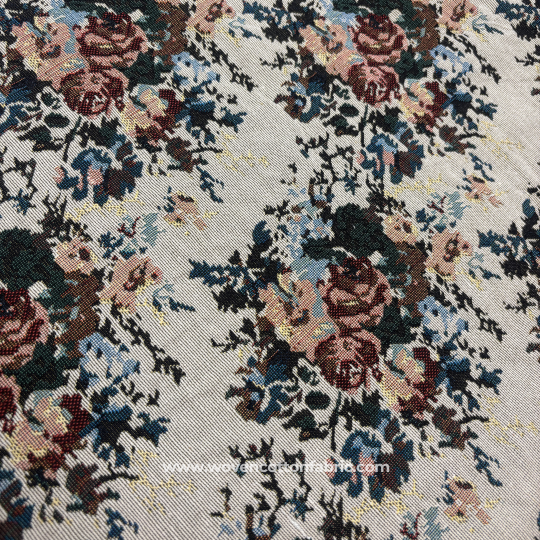 Vintage Gobelin Style Rose and Floral Tapestry Woven Cotton Fabric, Per Meter
