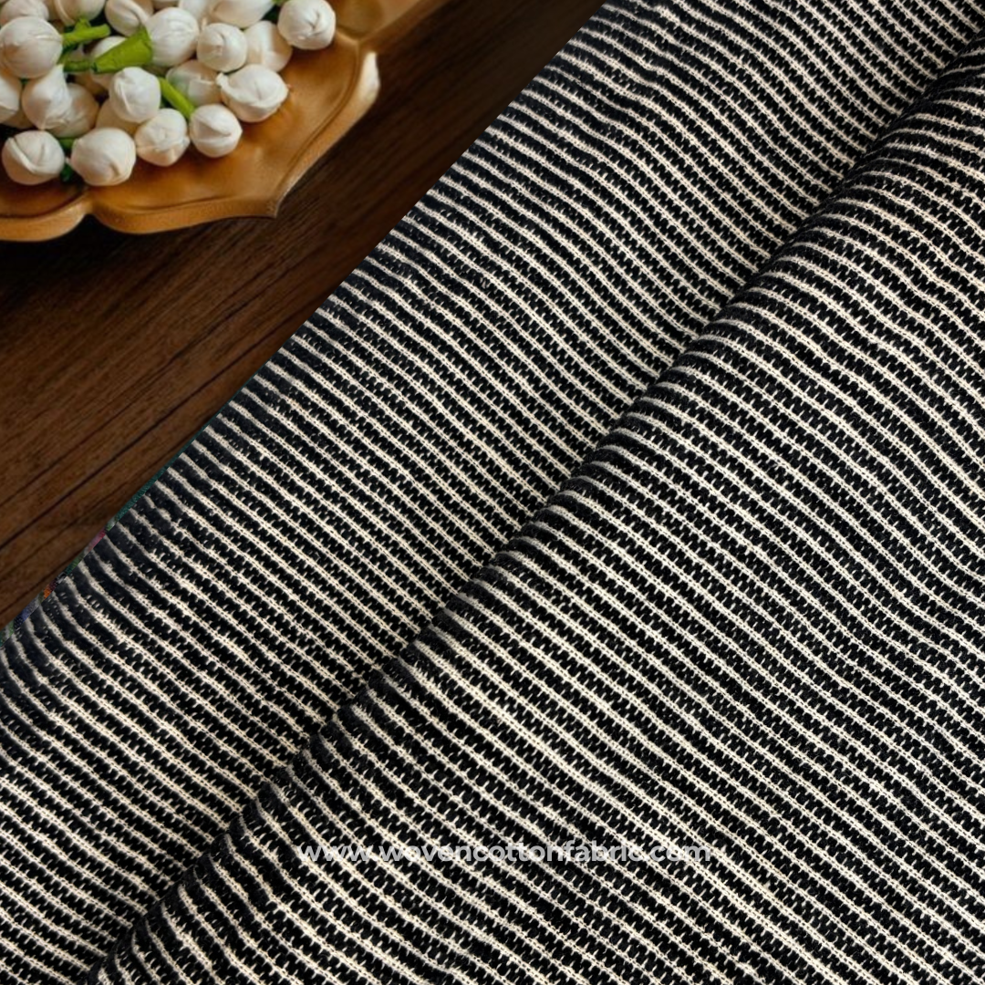 Classic Black and Off-White Micro Stripe Textured Jacquard Handloom Fabric Per Meter
