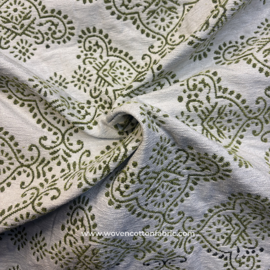 Olive Green Traditional Motif Cotton Handloom Fabric, Per Meter