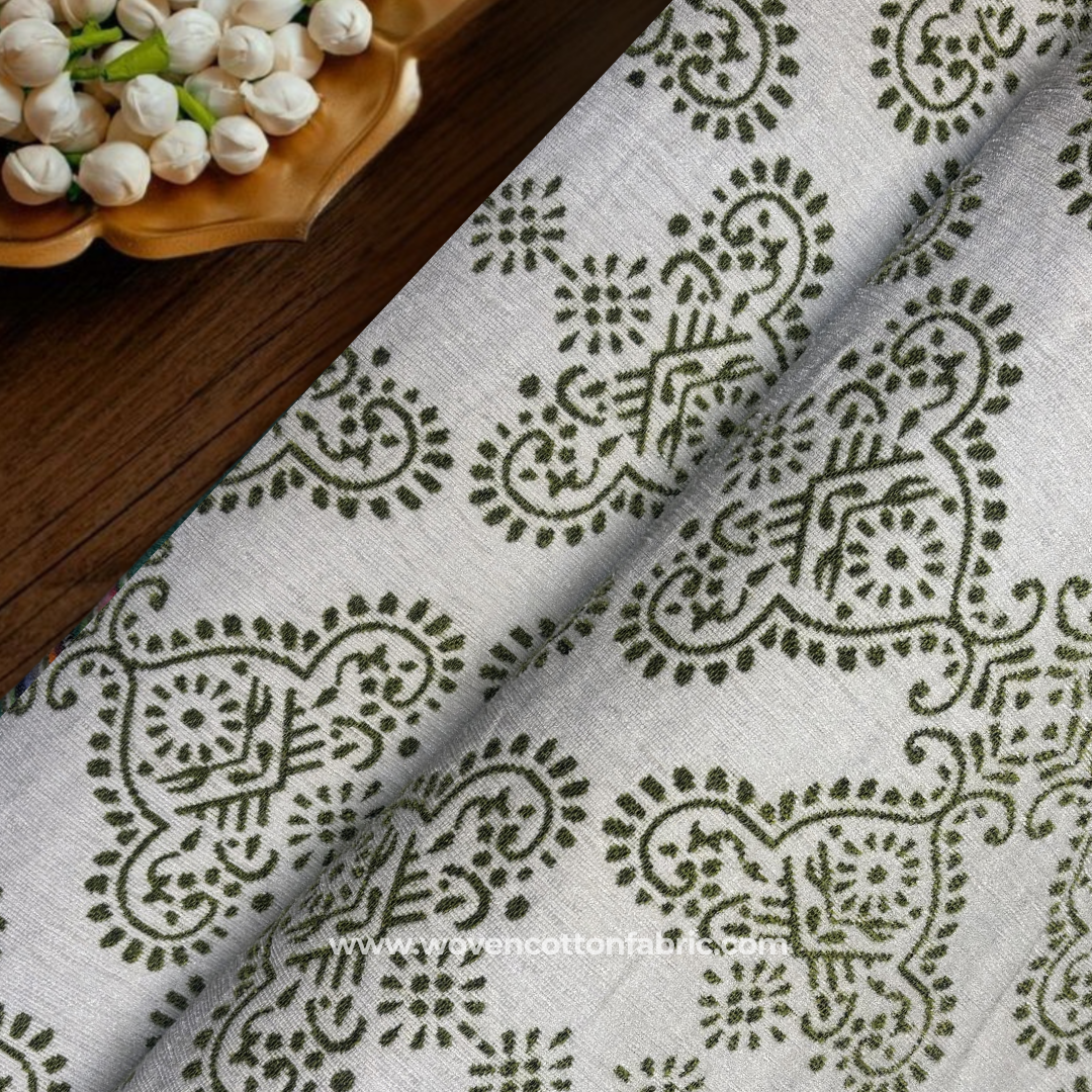 Olive Green Traditional Motif Cotton Handloom Fabric, Per Meter