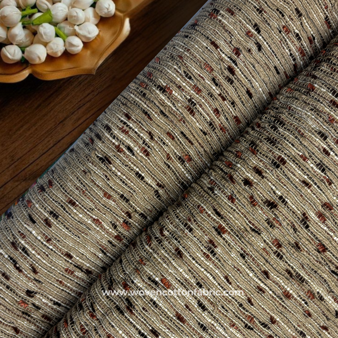 Brown and Beige Textured Slub Tweed Cotton Handloom Fabric, Per Meter