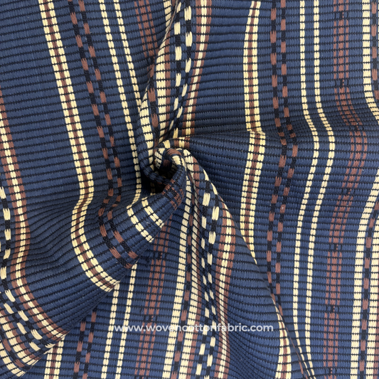 Indigo Blue and Ochre Textured Stripe Cotton Handloom Fabric, Per Meter