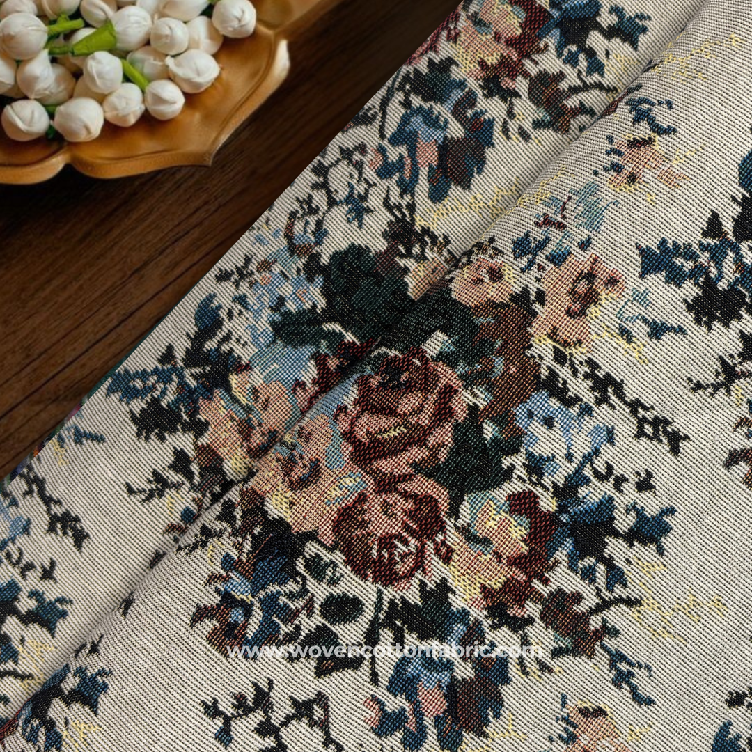 Vintage Gobelin Style Rose and Floral Tapestry Woven Cotton Fabric, Per Meter