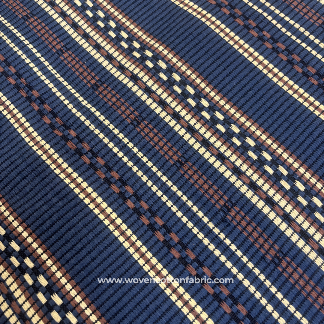 Indigo Blue and Ochre Textured Stripe Cotton Handloom Fabric, Per Meter