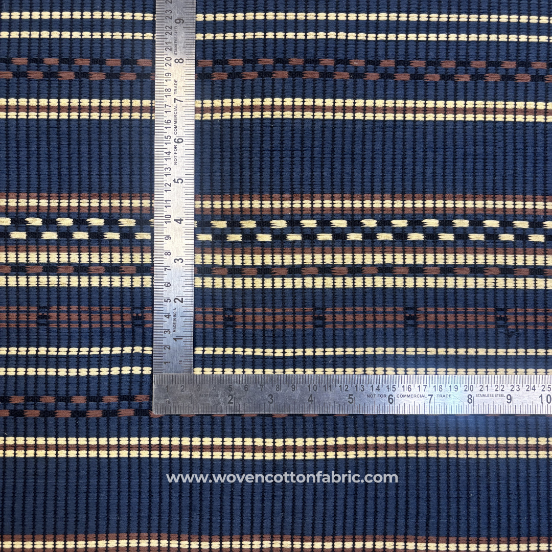 Indigo Blue and Ochre Textured Stripe Cotton Handloom Fabric, Per Meter
