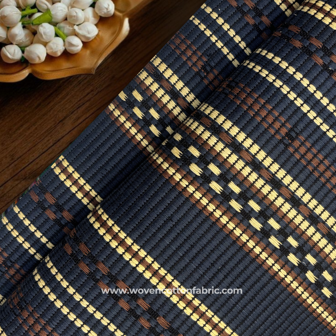Indigo Blue and Ochre Textured Stripe Cotton Handloom Fabric, Per Meter