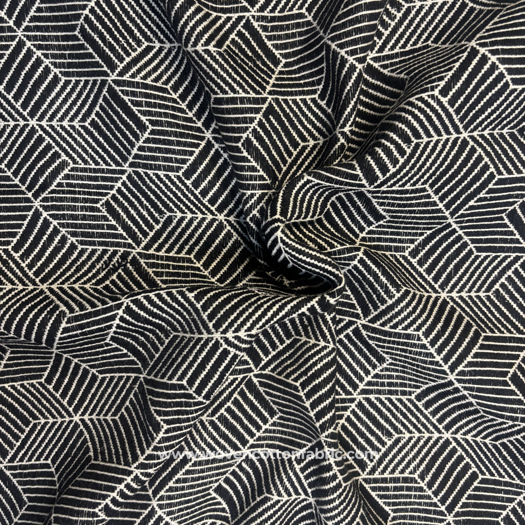 Black and White Geometric Illusion Cotton Handloom Fabric, Per Meter
