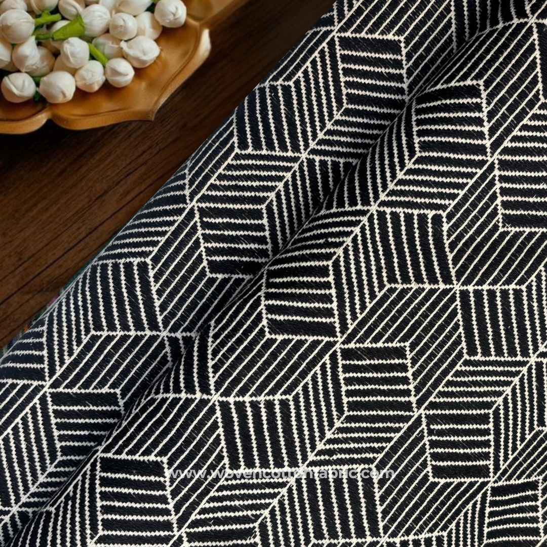 Black and White Geometric Illusion Cotton Handloom Fabric, Per Meter