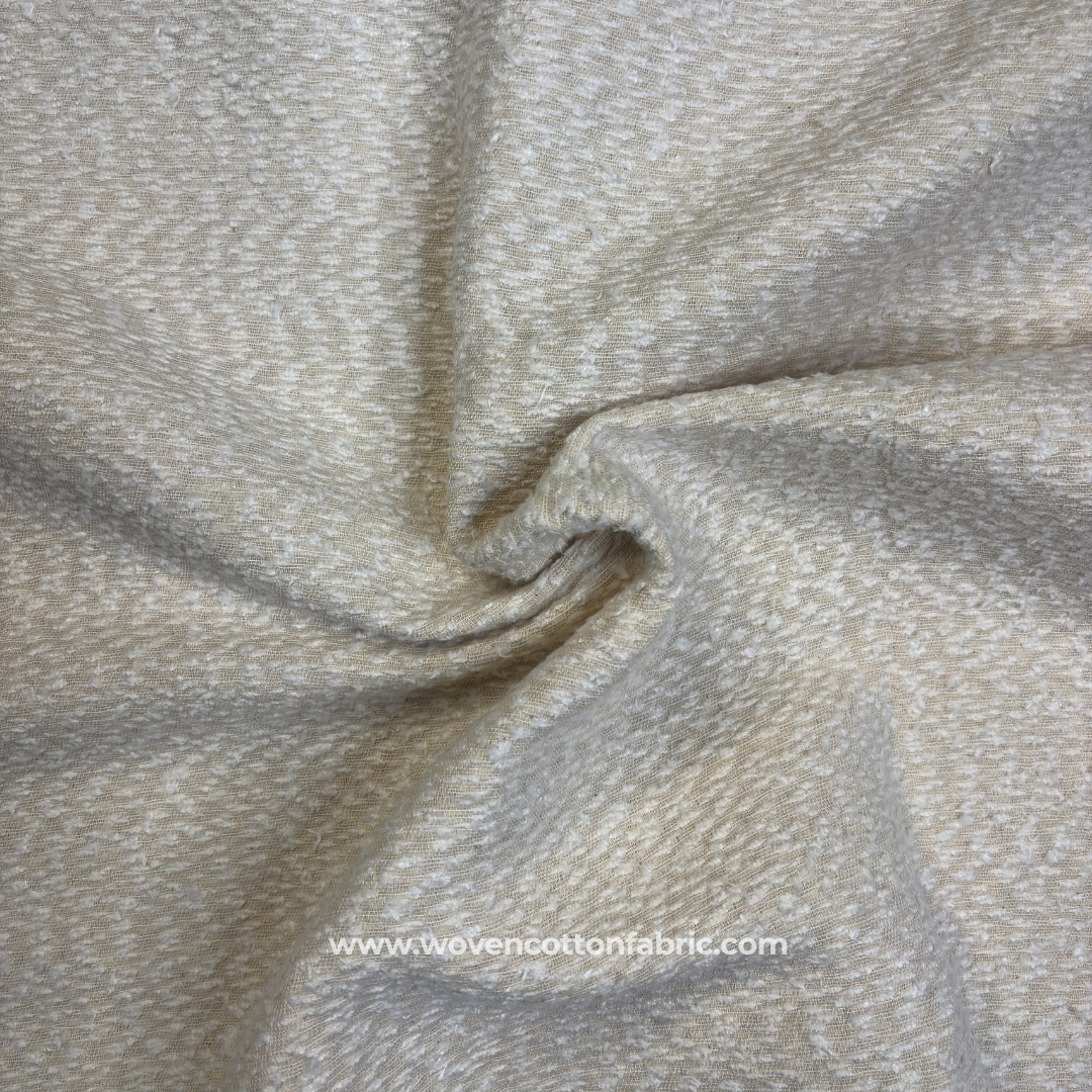 Cream and Ivory Bouclé Textured Herringbone Cotton Handloom Fabric, Per Meter