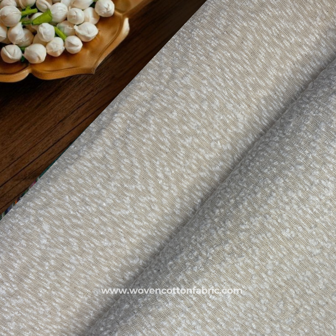 Cream and Ivory Bouclé Textured Herringbone Cotton Handloom Fabric, Per Meter