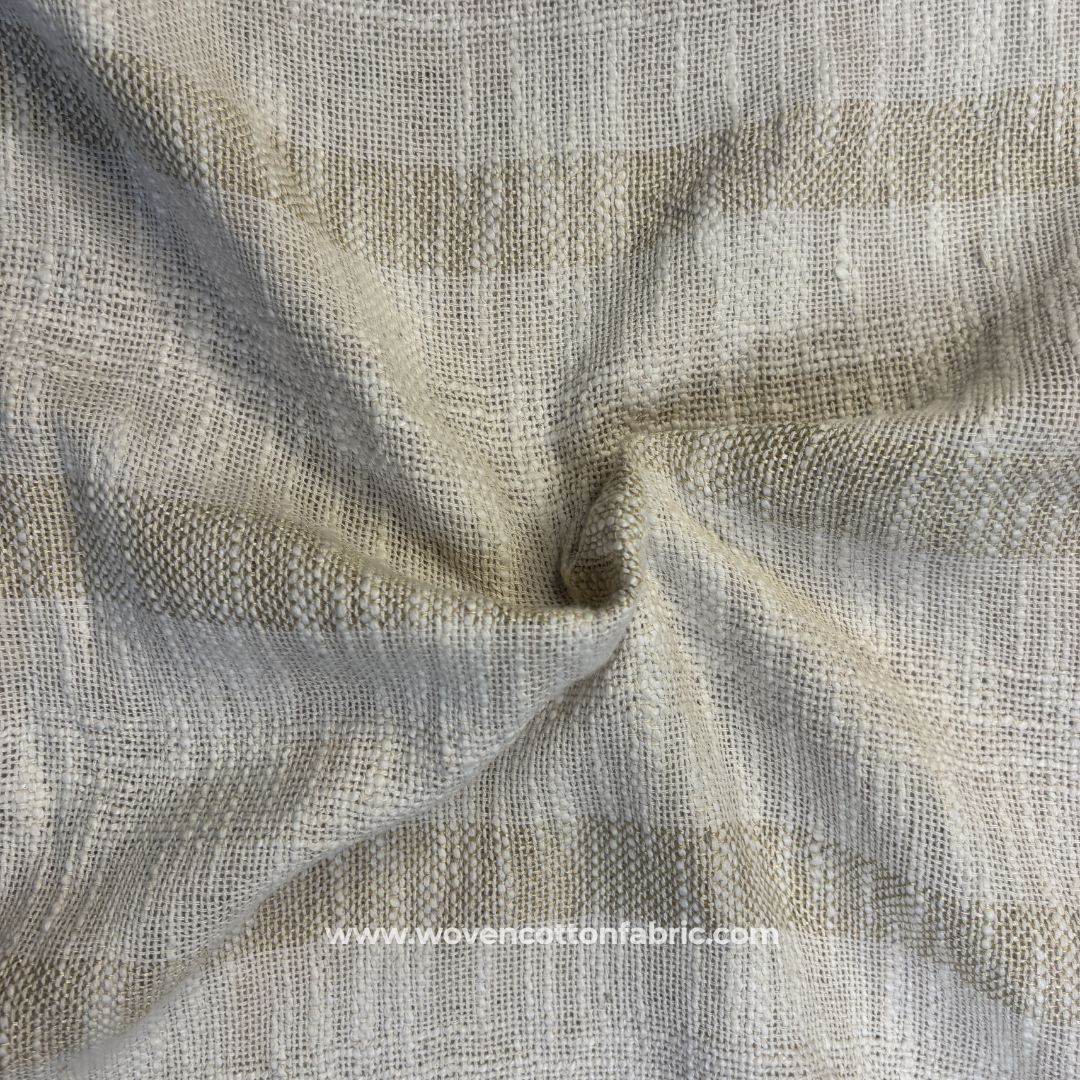 Beige and Off-White Textured Block Stripe Cotton Handloom Fabric, Per Meter