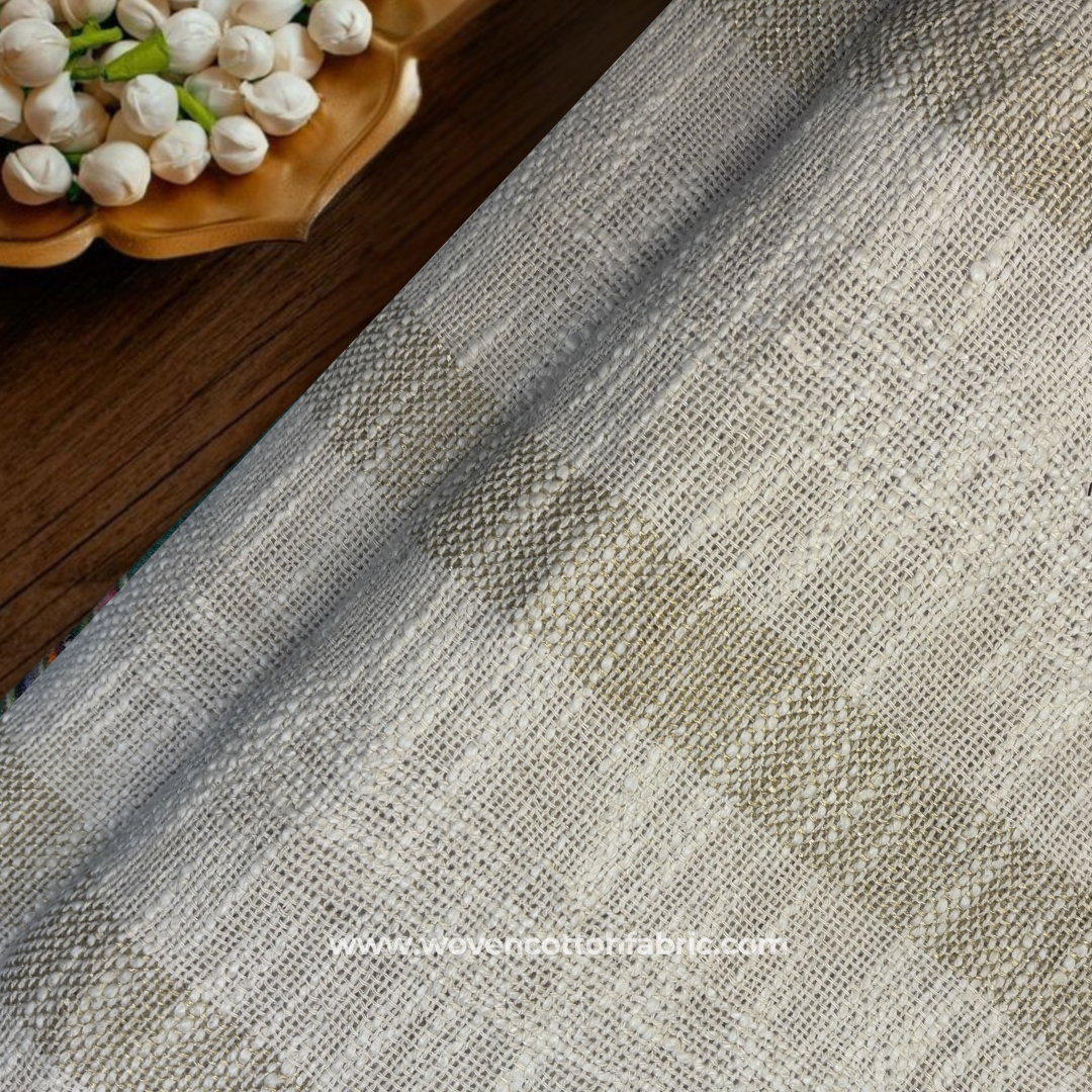 Beige and Off-White Textured Block Stripe Cotton Handloom Fabric, Per Meter