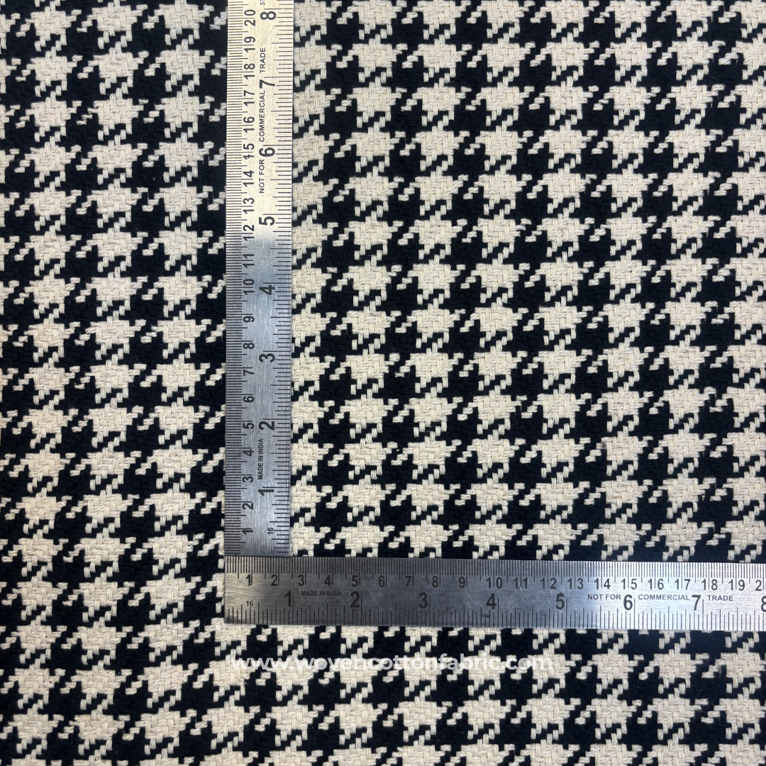 Classic Black and White Houndstooth Cotton Handloom Fabric, Per Meter