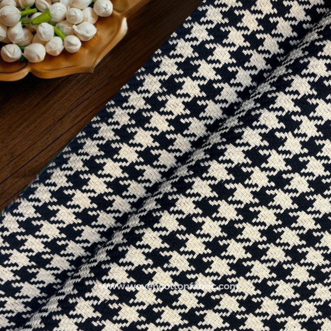 Classic Black and White Houndstooth Cotton Handloom Fabric, Per Meter