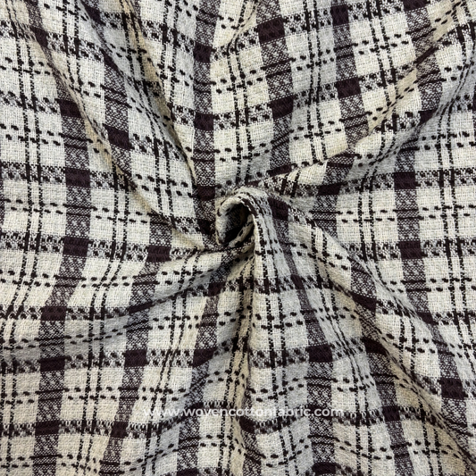Dark Brown and White Textured Plaid Check Cotton Handloom Fabric, Per Meter