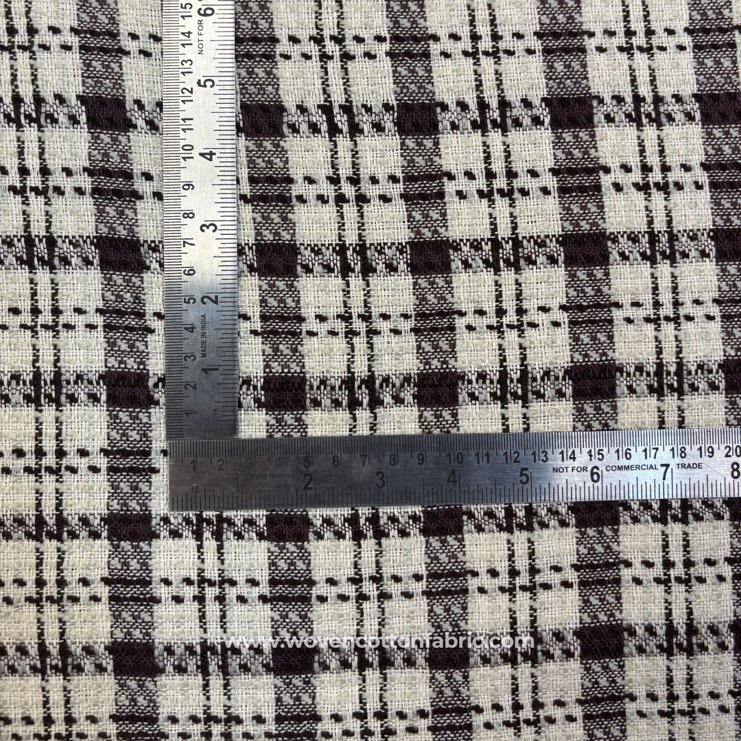 Dark Brown and White Textured Plaid Check Cotton Handloom Fabric, Per Meter