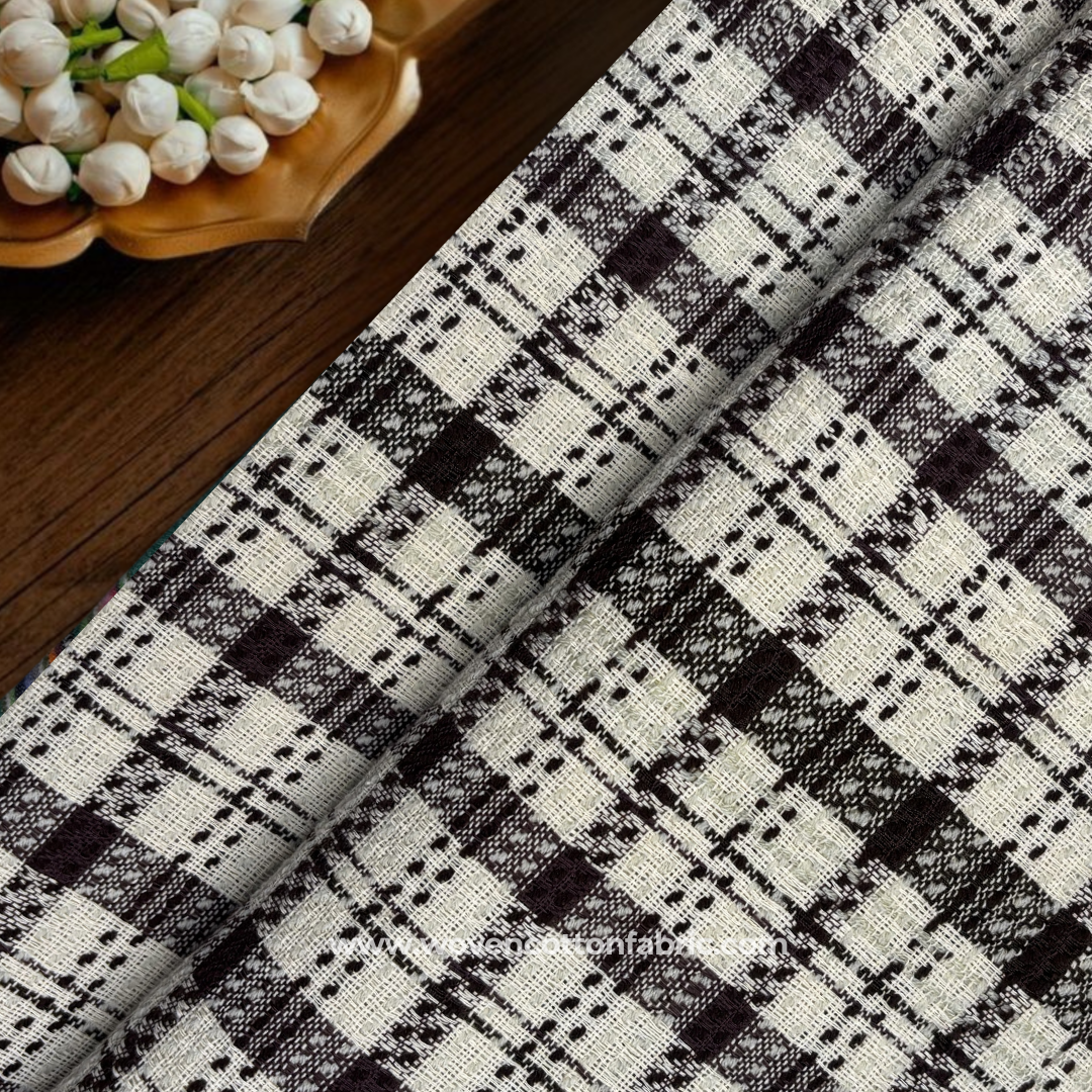 Dark Brown and White Textured Plaid Check Cotton Handloom Fabric, Per Meter