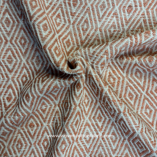 Terracotta and White Geometric Diamond Ikat Cotton Handloom Fabric, Per Meter