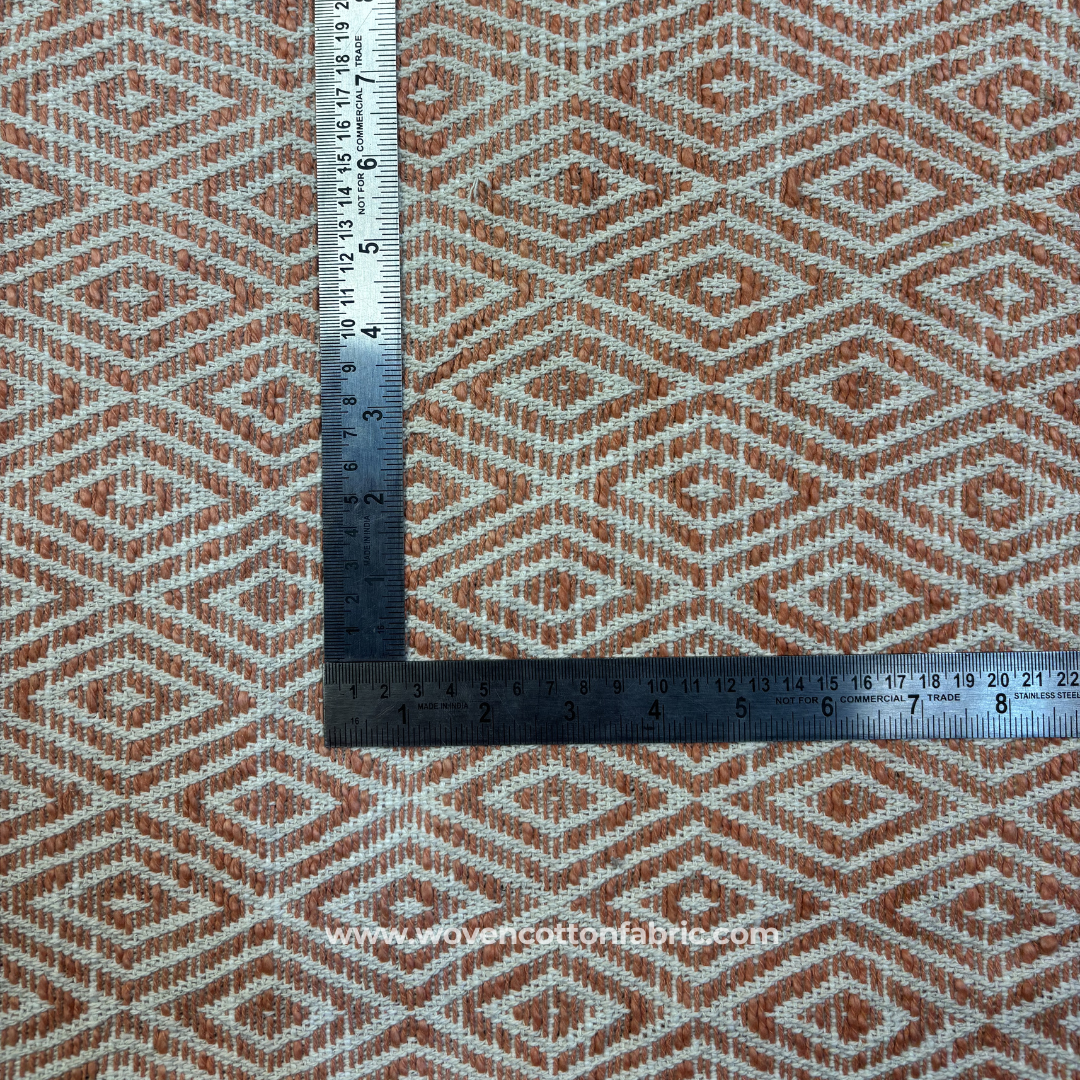 Terracotta and White Geometric Diamond Ikat Cotton Handloom Fabric, Per Meter