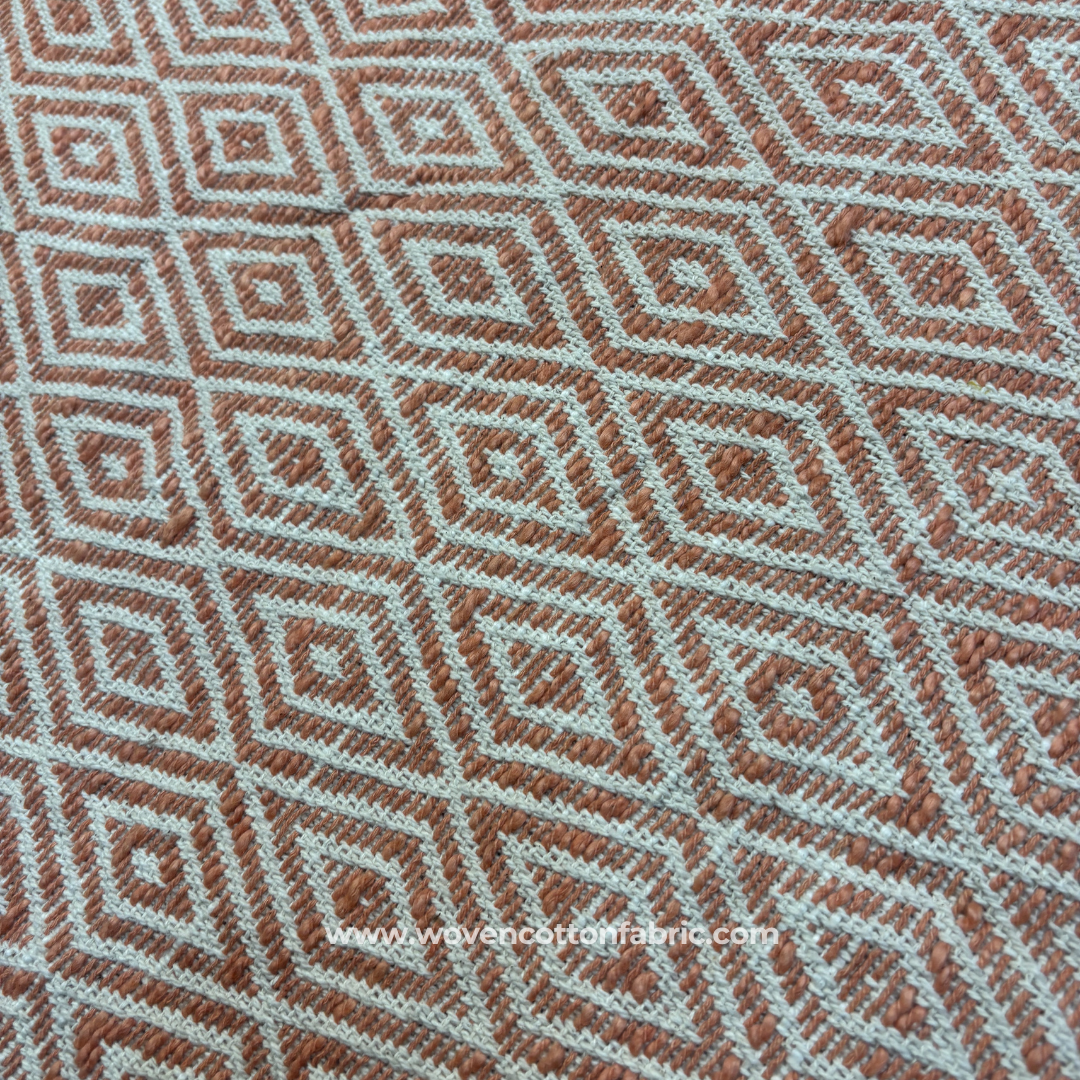Terracotta and White Geometric Diamond Ikat Cotton Handloom Fabric, Per Meter