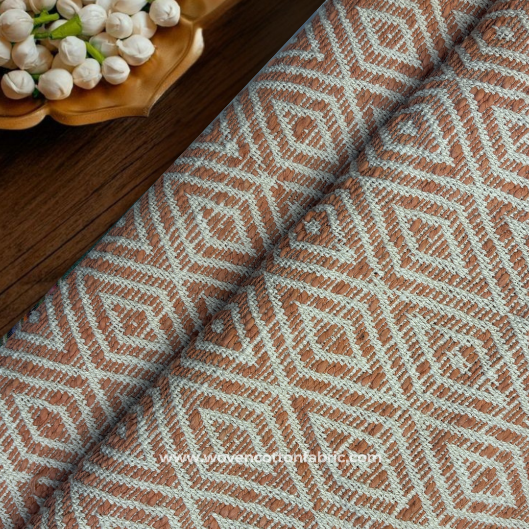 Terracotta and White Geometric Diamond Ikat Cotton Handloom Fabric, Per Meter