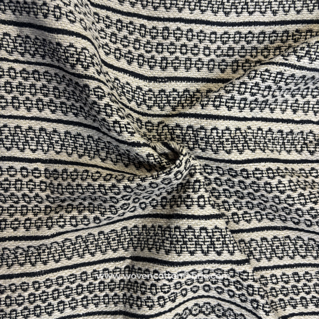 Black and White Geometric Tribal Motif Cotton Handloom Fabric, Per Meter