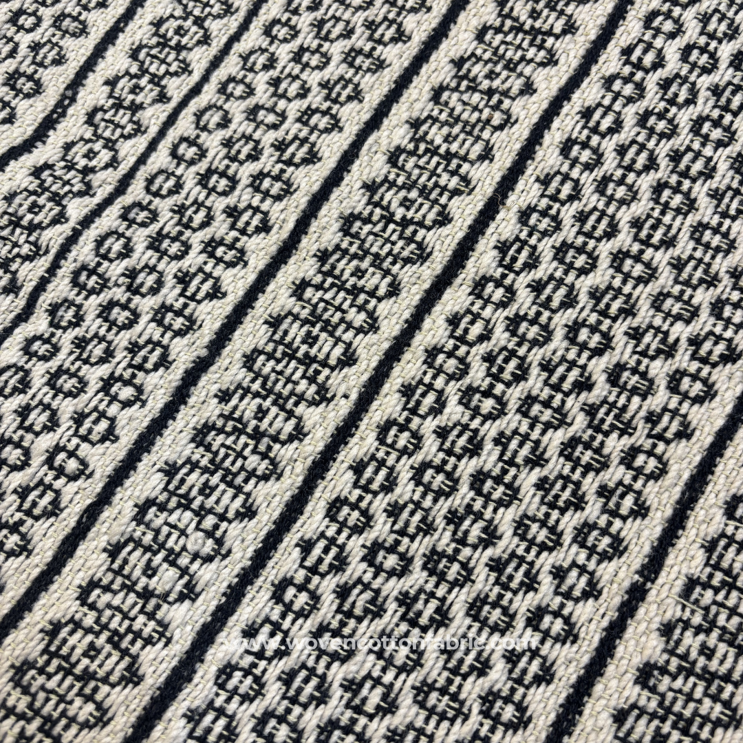 Black and White Geometric Tribal Motif Cotton Handloom Fabric, Per Meter