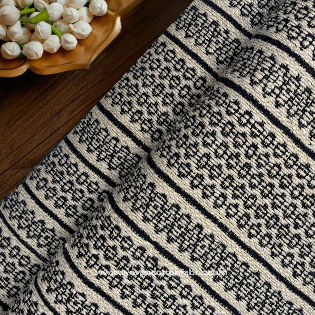 Black and White Geometric Tribal Motif Cotton Handloom Fabric, Per Meter