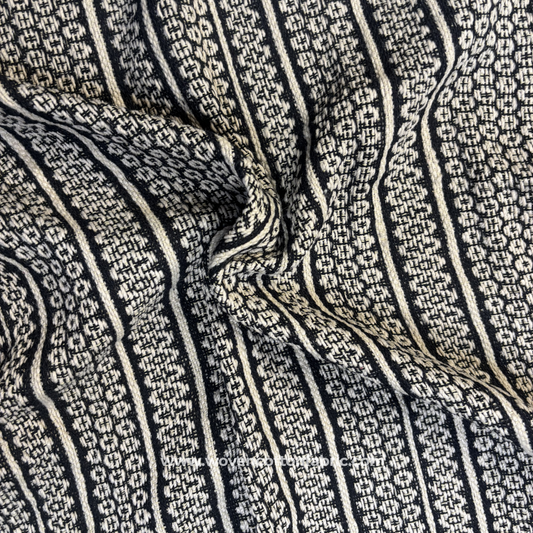 Black and Off-White Textured Grid Waffle Cotton Handloom Fabric, Per Meter