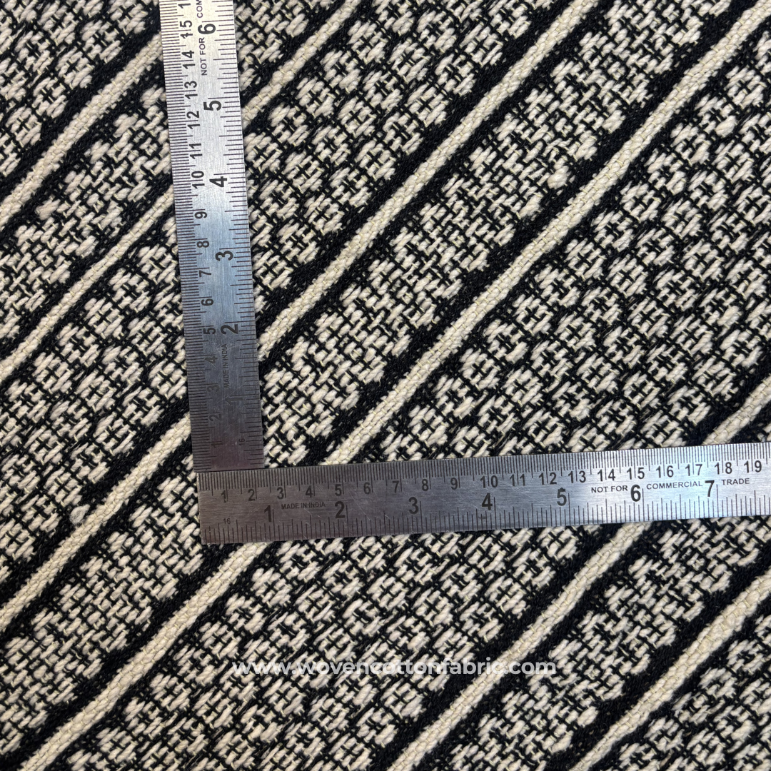 Black and Off-White Textured Grid Waffle Cotton Handloom Fabric, Per Meter