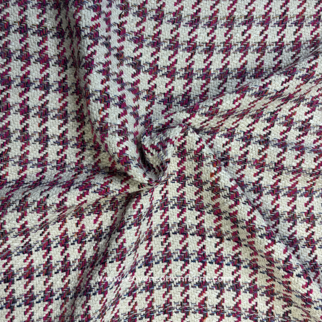 Magenta Multi Houndstooth Woven Cotton Handloom Fabric, Per Meter