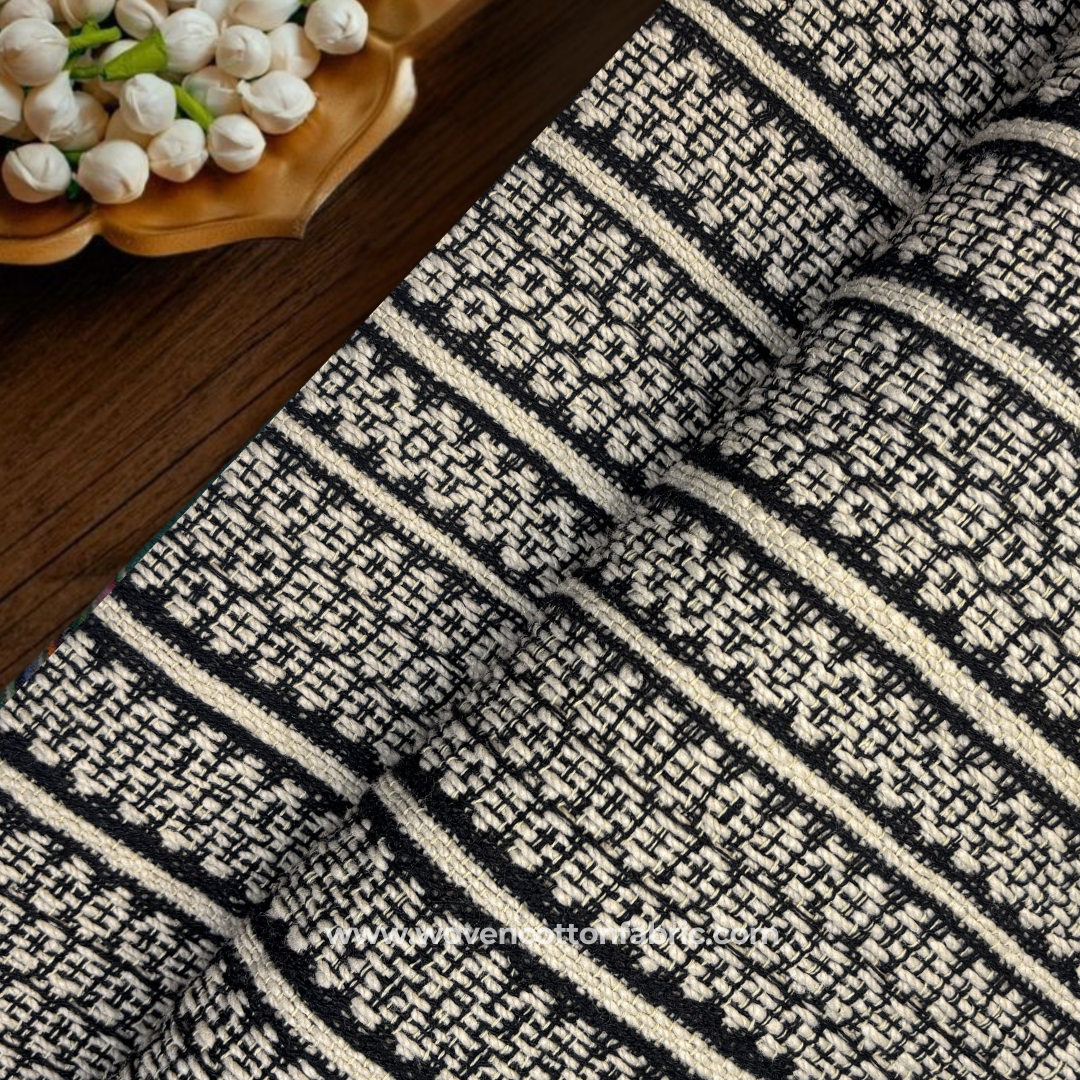 Black and Off-White Textured Grid Waffle Cotton Handloom Fabric, Per Meter