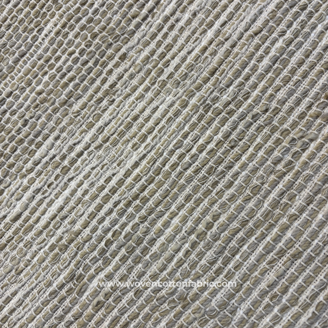 Khaki Beige and Off-White Textured Grid Waffle Cotton Handloom Fabric, Per Meter