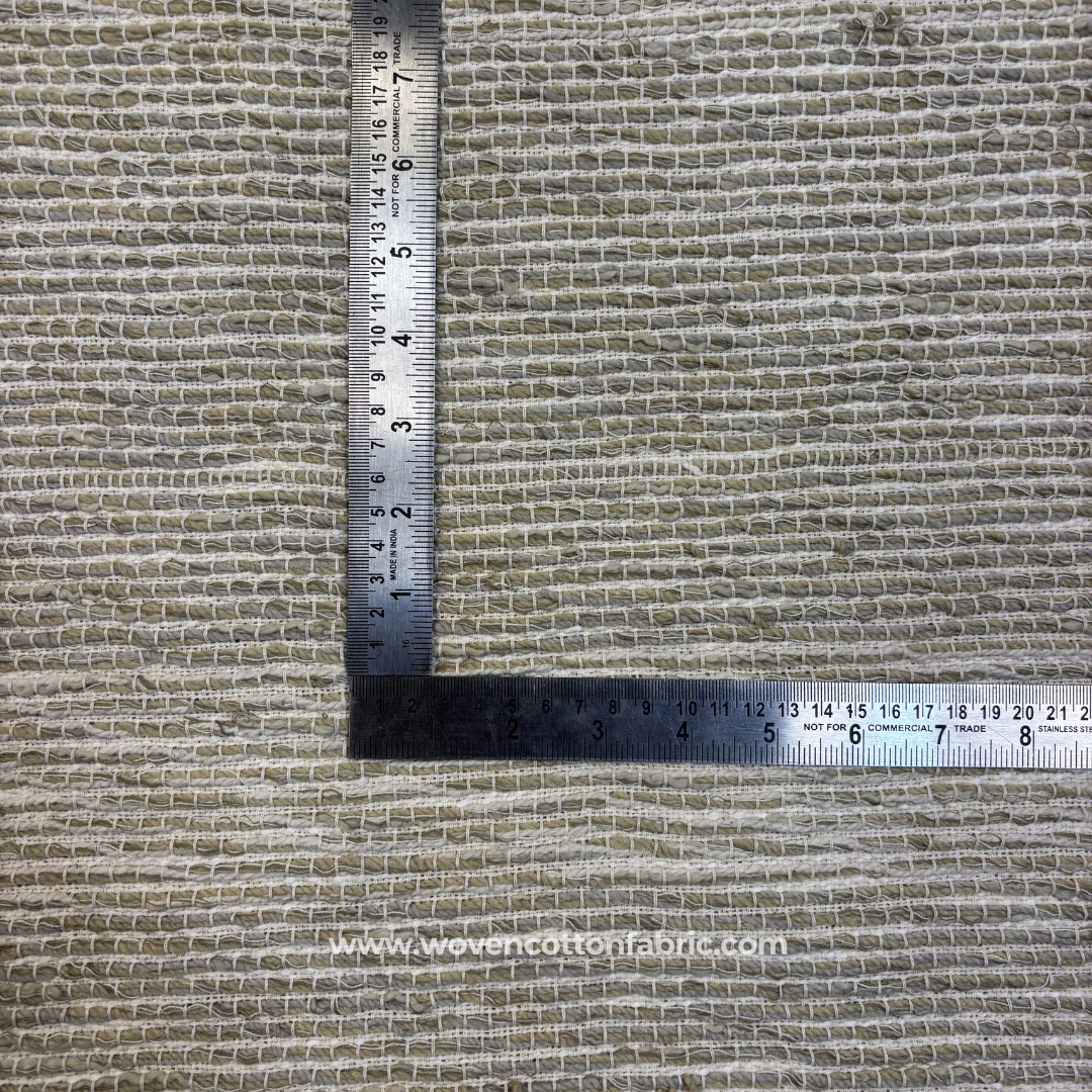 Khaki Beige and Off-White Textured Grid Waffle Cotton Handloom Fabric, Per Meter