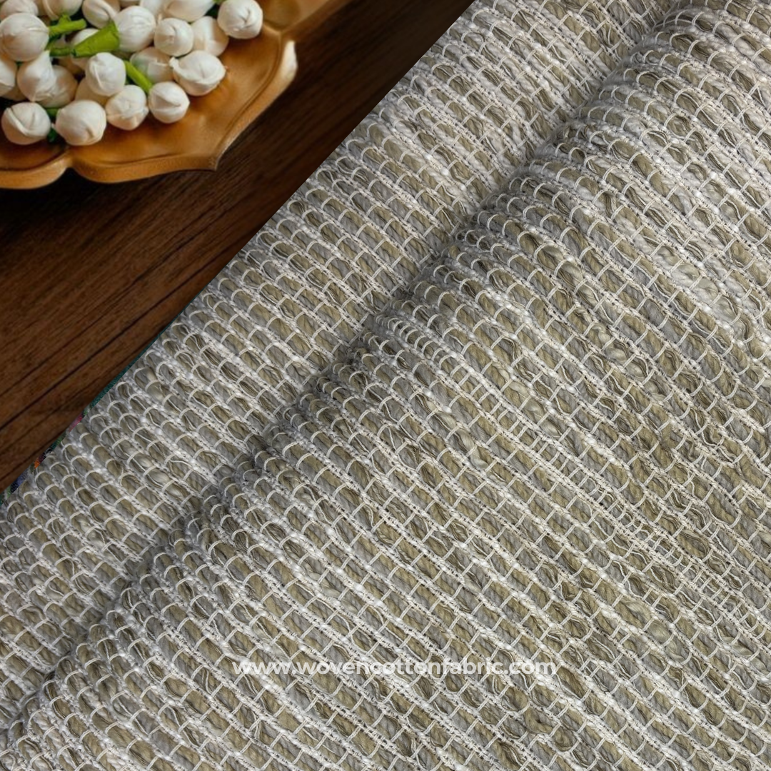Khaki Beige and Off-White Textured Grid Waffle Cotton Handloom Fabric, Per Meter