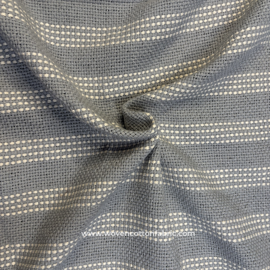 Powder Blue and White Textured Dash Stripe Cotton Handloom Fabric, Per Meter