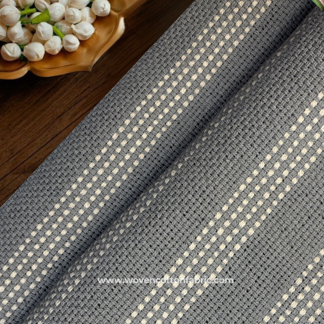 Powder Blue and White Textured Dash Stripe Cotton Handloom Fabric, Per Meter