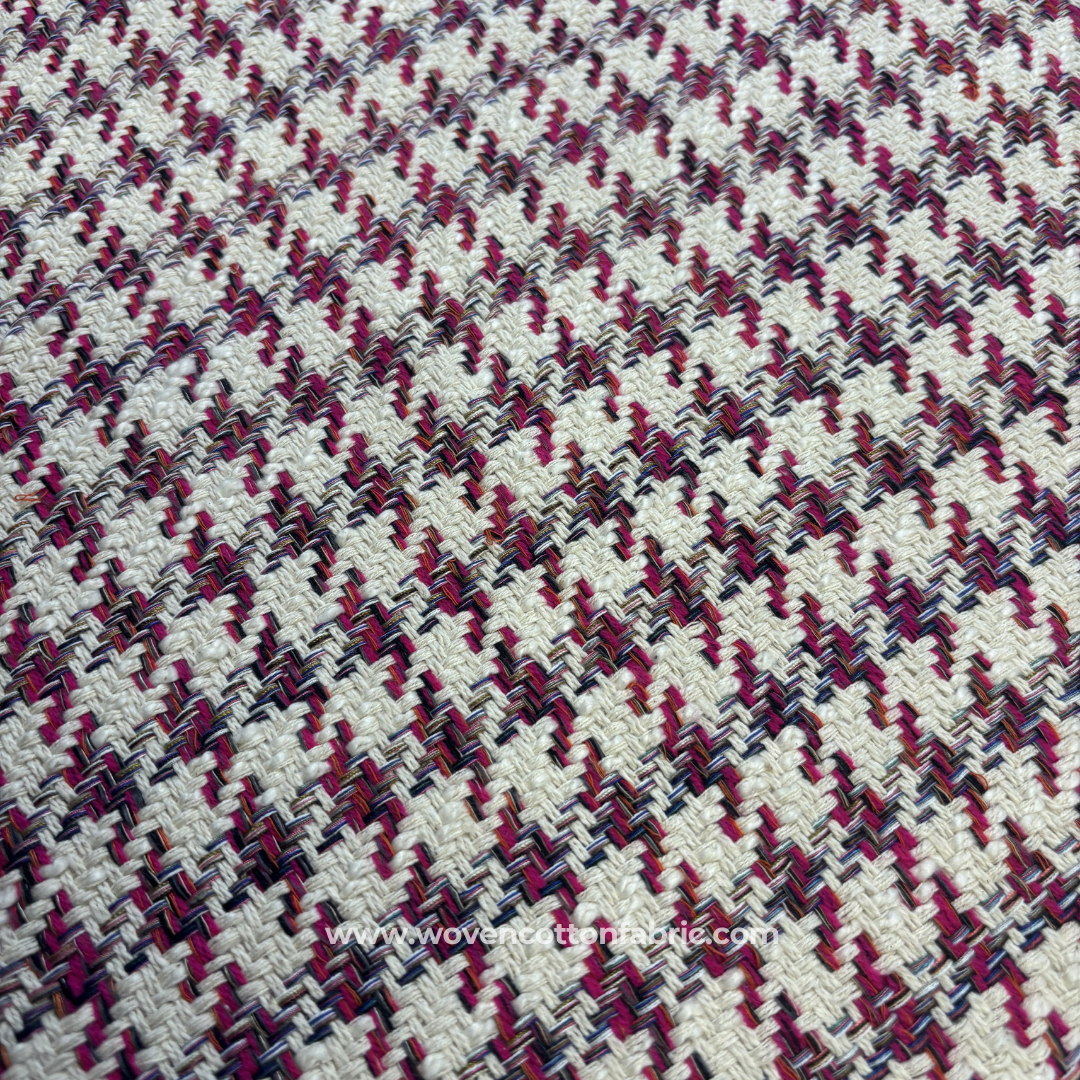 Magenta Multi Houndstooth Woven Cotton Handloom Fabric, Per Meter
