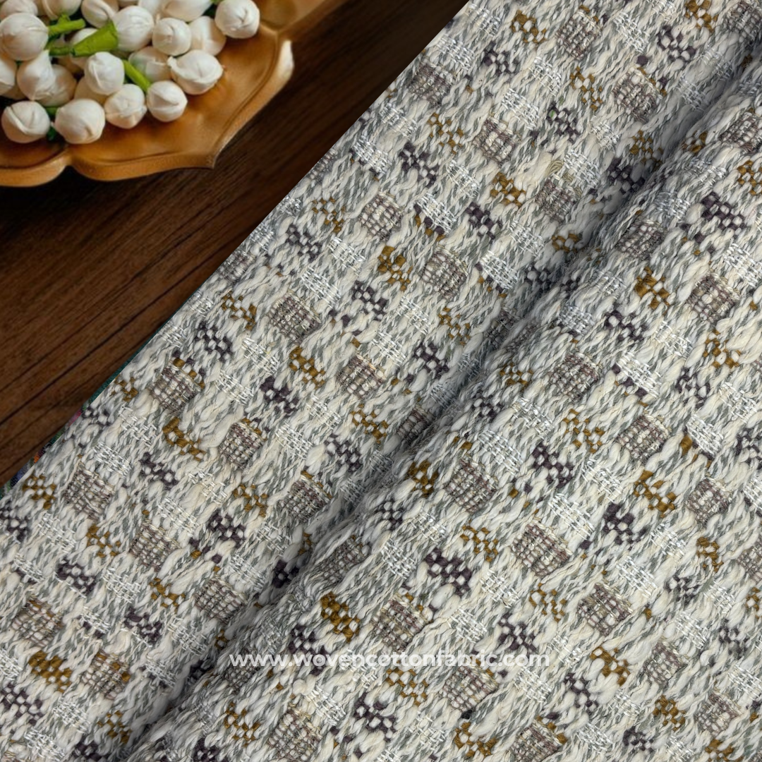 Multi-Color Earthy Textured Slub Tweed Plaid Cotton Handloom Fabric, Per Meter