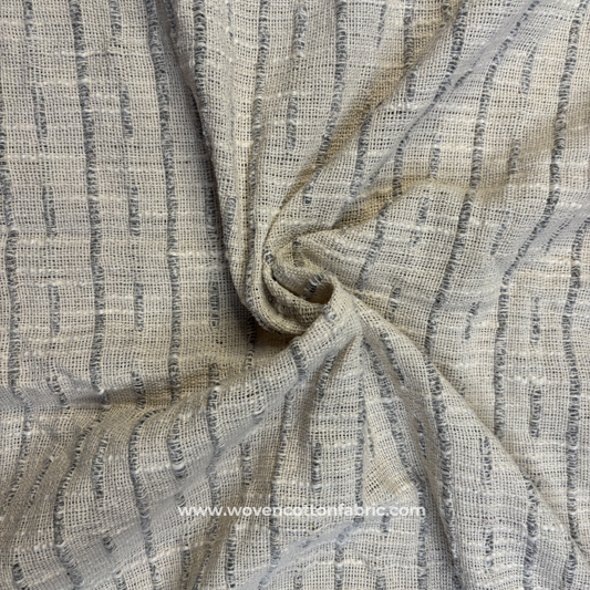 Slate Grey and Off-White Textured Slub Stripe Tweed Cotton Handloom Fabric, Per Meter