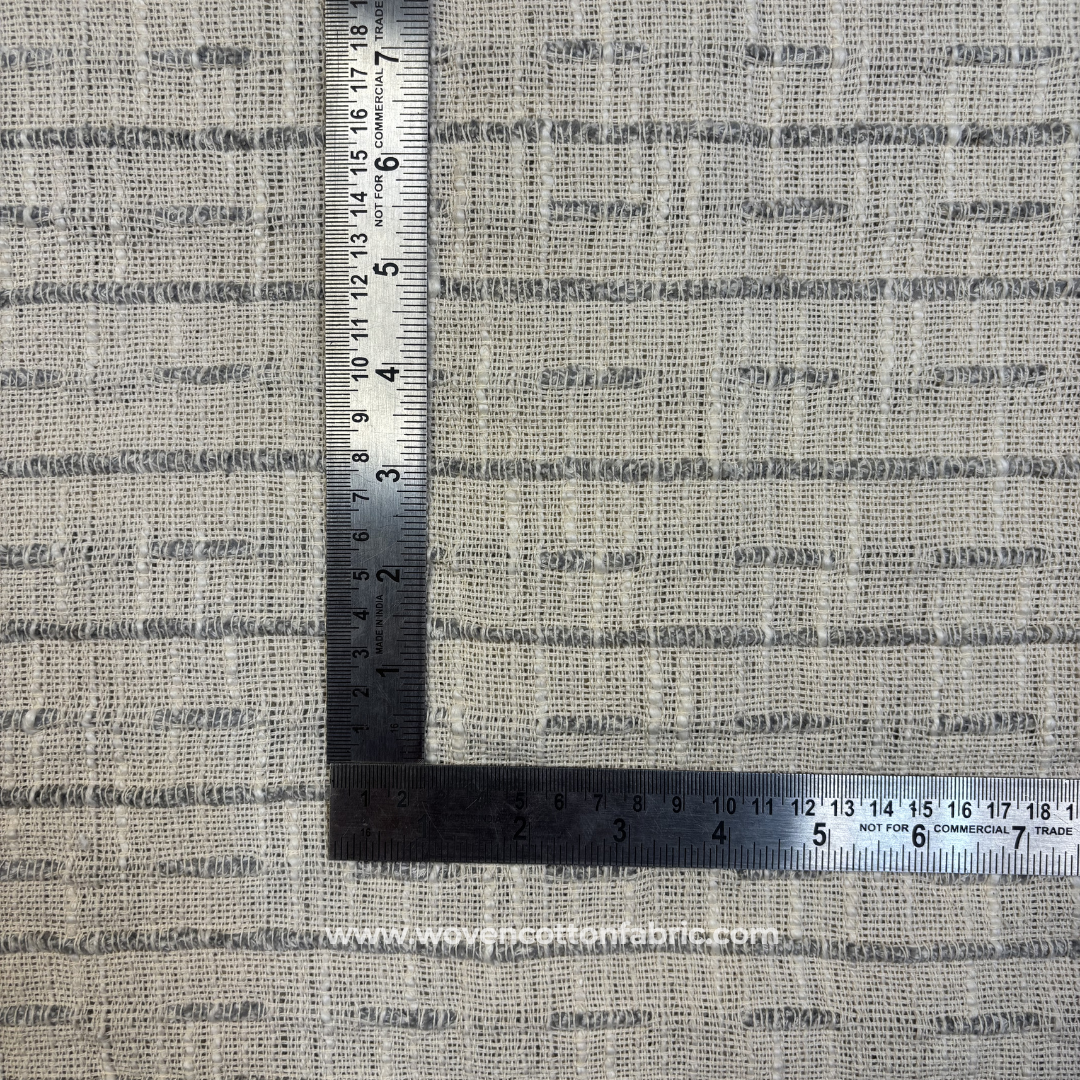 Slate Grey and Off-White Textured Slub Stripe Tweed Cotton Handloom Fabric, Per Meter