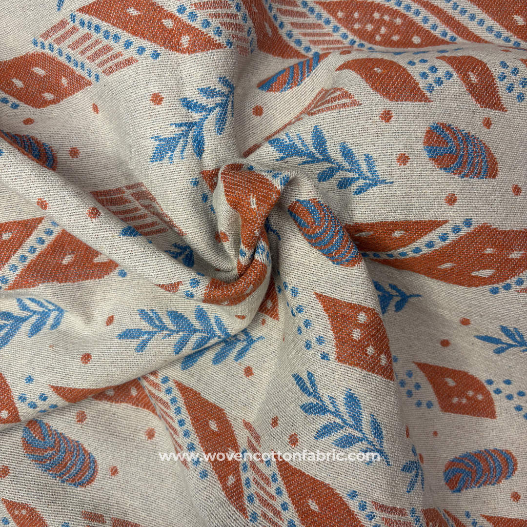Abstract Botanical Orange Jacquard Cotton Fabric, Per Meter