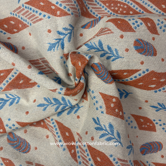 Abstract Botanical Orange Jacquard Cotton Fabric, Per Meter