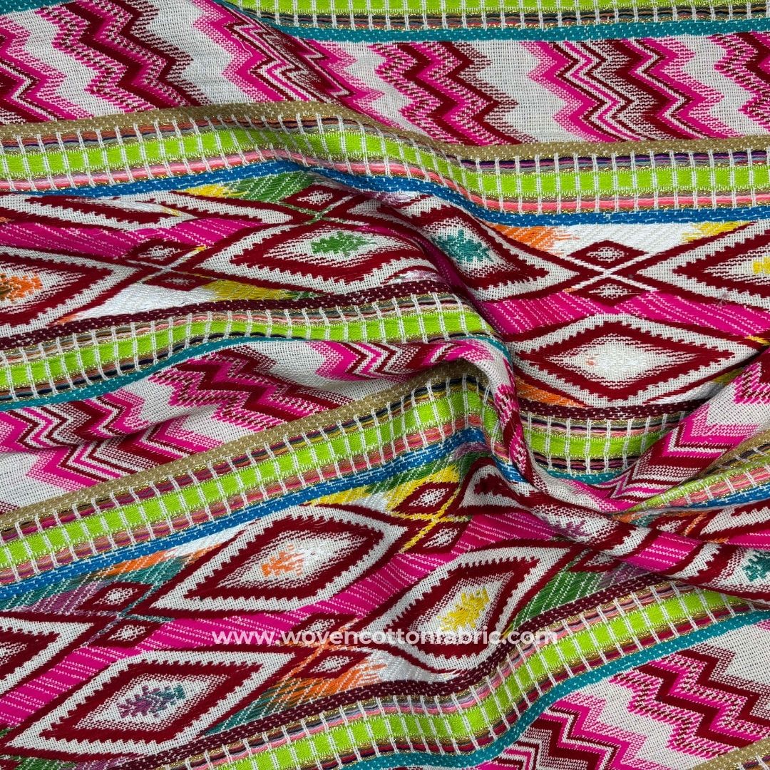 Diamond Zigzag Pattern Pink Cotton Jacquard Fabric,  Per Meter