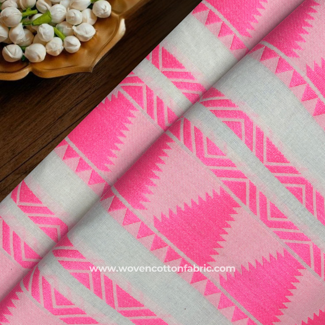 Hot Pink Ikat Diamond Weave Cotton Jacquard Fabric, Per Meter