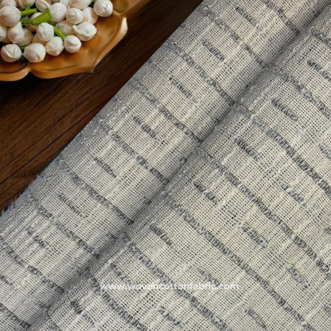Slate Grey and Off-White Textured Slub Stripe Tweed Cotton Handloom Fabric, Per Meter