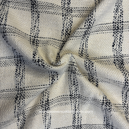 Monochrome Charcoal Black and Off-White Windowpane Plaid Cotton Handloom Fabric, Per Meter