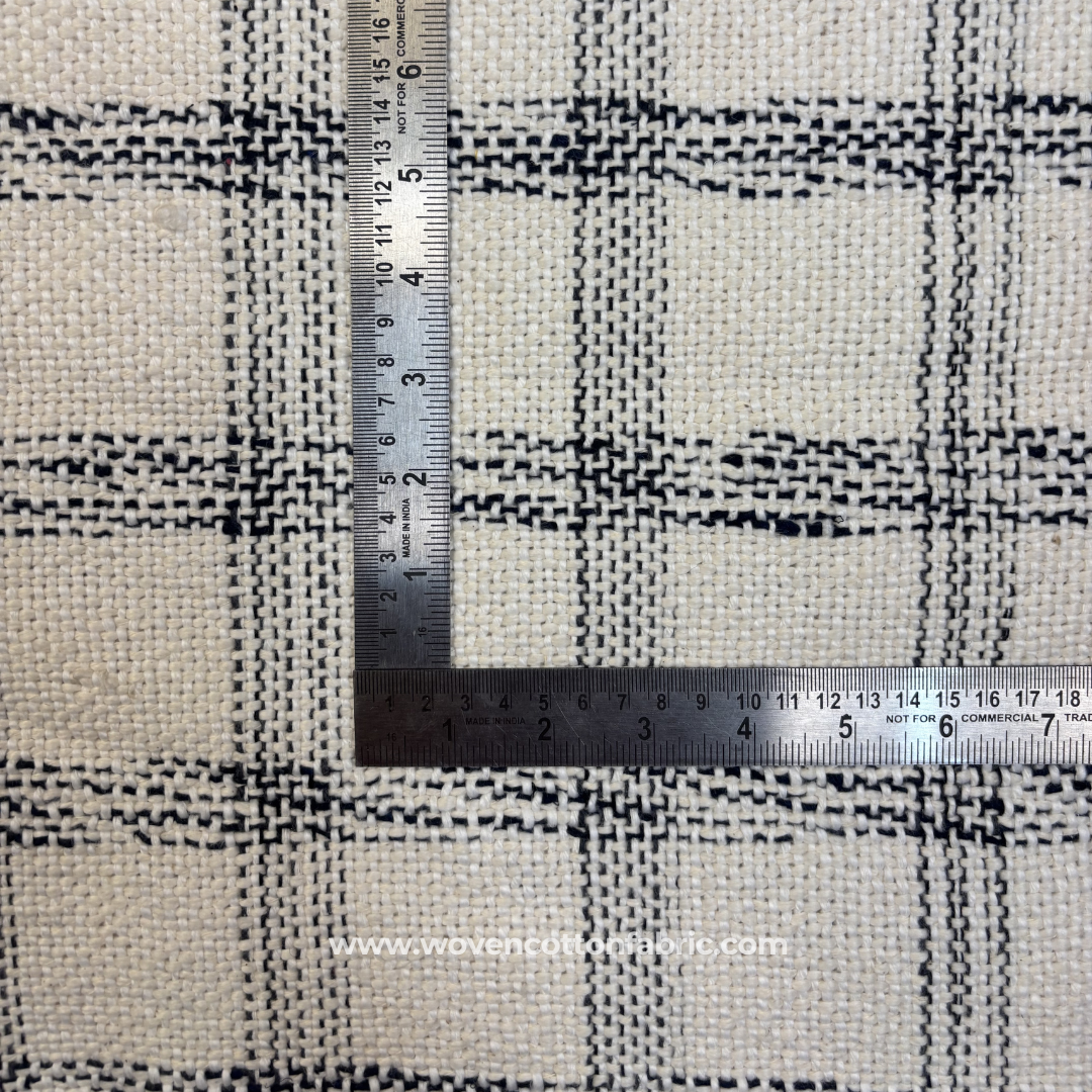 Monochrome Charcoal Black and Off-White Windowpane Plaid Cotton Handloom Fabric, Per Meter